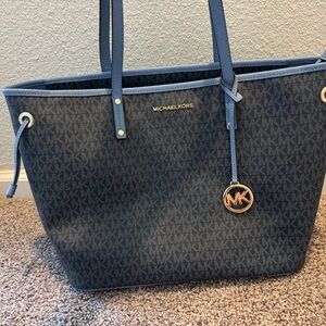 Michael Kors Blue Monogram Tote Bag with Leather Trim